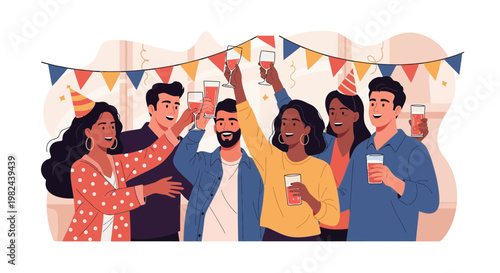 Friends celebrate together with drinks at a party with decorations and smiles in a cheerful setting during the evening