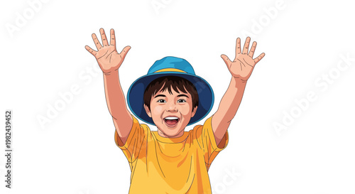 Boy in blue hat raises hands and smiles in cheerful expression during outdoor playtime in bright daylight