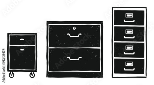 Three filing cabinets illustration in linocut style