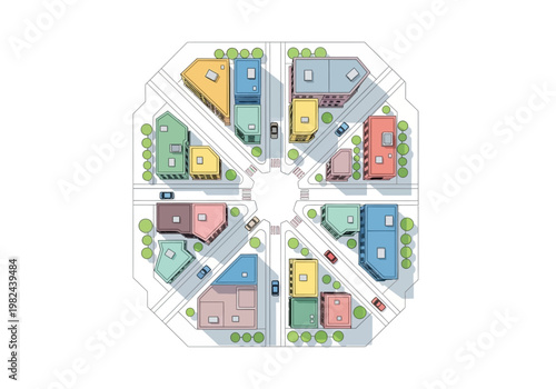 Aerial view of an urban block with residential buildings and streets, showcasing city planning and modern architecture