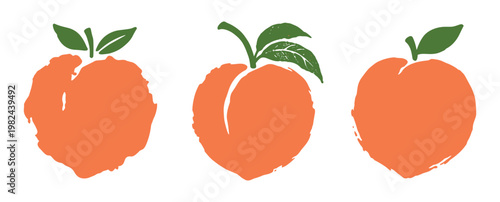 Three ink blot peaches with leaves, isolated art