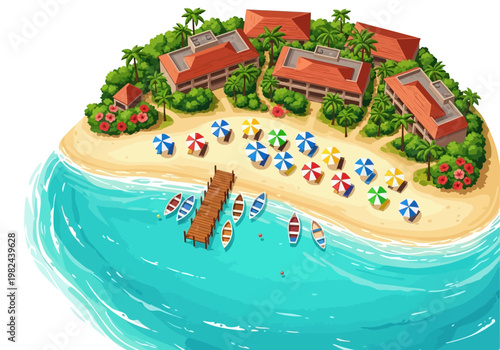 Tropical island resort with beach chairs, umbrellas, and buildings under a clear blue sky