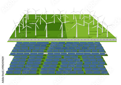 Renewable energy farm with wind turbines and solar panels in a green field