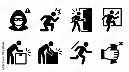 Set of icons depicting burglary, theft, and crime prevention measures