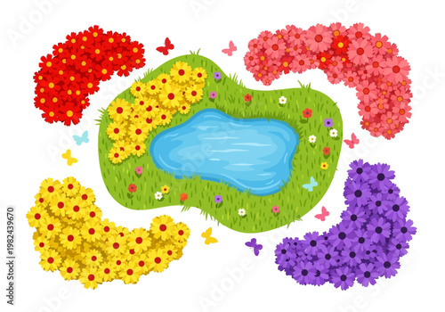 Vibrant garden landscape illustration with a pond surrounded by colorful flower beds and butterflies