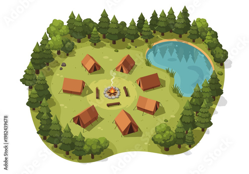 Aerial View of a Serene Campsite Nestled Amidst Lush Green Trees and a Calm Lake