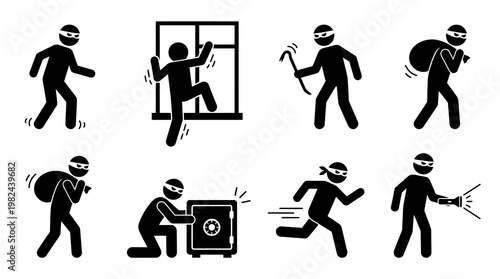 A comprehensive set of black stick figure icons illustrating various stages and actions associated with theft, burglary, and criminal activity, including breaking in, stealing, and escaping