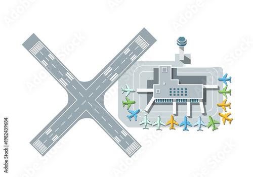 Aerial view of an airport with a cross-shaped runway and a terminal building surrounded by airplanes