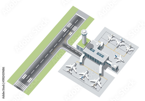 Aerial view of an airport with airplanes parked at the terminal and a runway for takeoff and landing