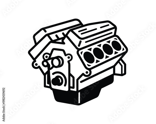 V8 Car Engine Block Illustration, Automobile Motor Machine Parts