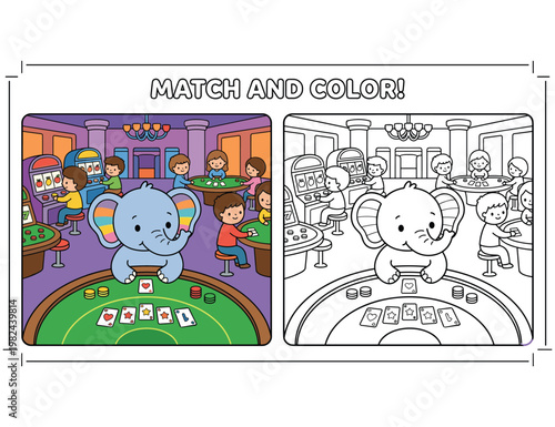 Coloring page for children with casino game theme, find right colors and match them.