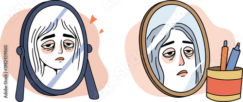 Illustration of a tired person looking in a mirror, reflecting feelings of fatigue and sadness, on a transparent background