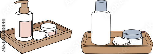 Hand drawn style of skincare products and containers on a wooden tray, isolated on transparent background, featuring lotion, cream, and cotton pads arranged aesthetically.