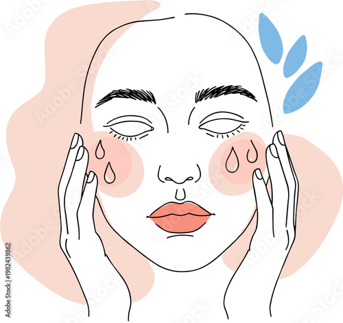 Woman with tears on her cheeks holding her face, hand drawn style on a transparent background conveying emotions of sadness and introspection