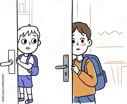 Two children peeking through a door with expressions of curiosity and surprise in a hand-drawn style on a transparent background
