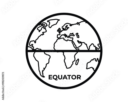 World map with equator line vector illustration in black and white style
