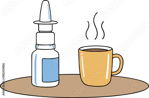 Nasal spray bottle beside steaming coffee mug on a wooden table  