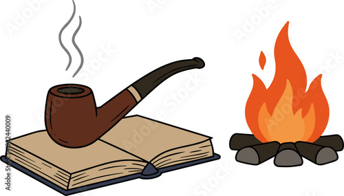 A hand drawn style smoking pipe and an open book next to a cozy campfire on a transparent background with smoke rising from the pipe