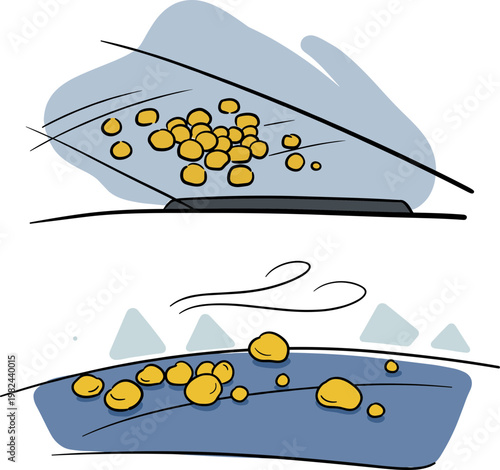 Illustration of gold nuggets scattered on a blue surface with artistic design, showcasing shiny textures and unique shapes on a transparent background.