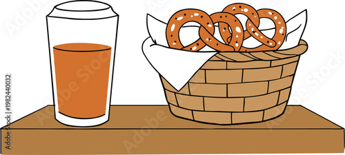 Hand drawn style illustration of a glass of orange drink next to a basket of pretzels on a wooden table, isolated on a transparent background