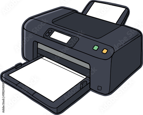Modern printer drawing with paper emerging, isolated on transparent background featuring sleek design, buttons and detailed features in a hand-drawn style.