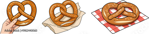 Hand drawn style pretzels in three variations, one held by a hand, one on paper, and one on a red and white checkered cloth, on a transparent background