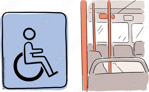 Hand drawn illustration of a wheelchair symbol and an accessible seating area on a public transport bus with a bright and simple design.