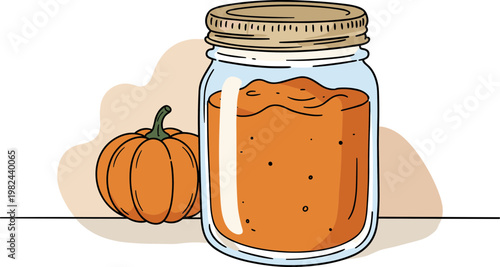 Hand drawn style pumpkin puree in a jar beside a pumpkin on a light background, perfect for autumn recipes and seasonal cooking inspiration, isolated on transparent background