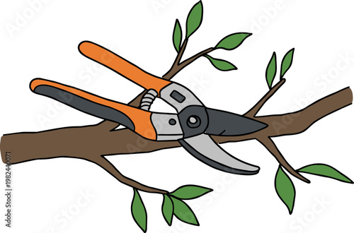 Pruning Shears on a Branch with Green Leaves in a Hand-Drawn Style on a Transparent Background for Gardening and Landscape Design