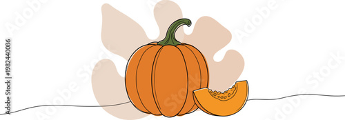 Hand drawn orange pumpkin with a slice, resting on a beige abstract background, ideal for autumn themes and seasonal decorations, on a transparent background