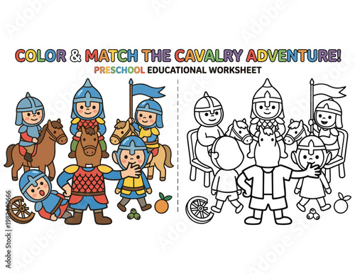 Historical cavalry adventure coloring page for preschool kids with knights and horses art.