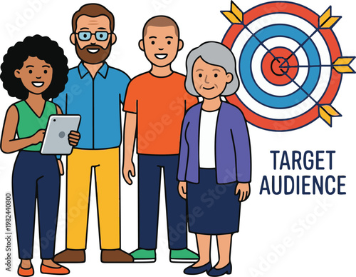 Diverse group of people standing next to a target board with arrows, representing target audience, marketing segmentation, and customer focus.
