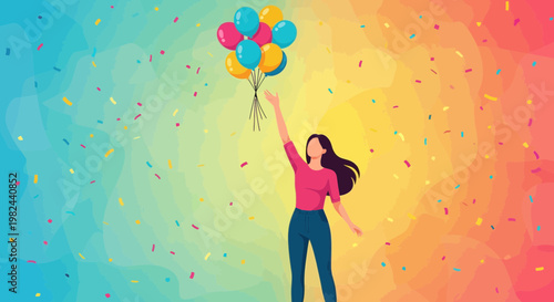 Person holds balloons while celebrating at a colorful party background with confetti during a festive event in a cheerful setting