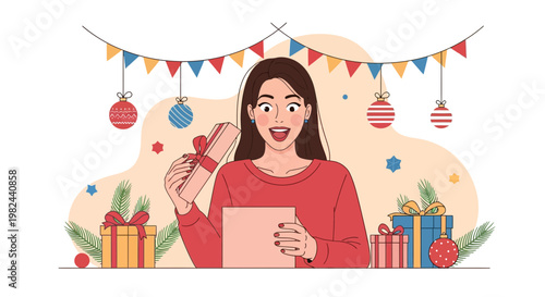 Woman opens gift in festive setting during holiday season with decorations and colorful gifts around her