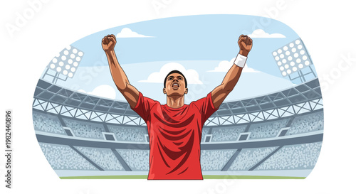 Soccer player celebrating victory in stadium with fans cheering during daytime in a sports event