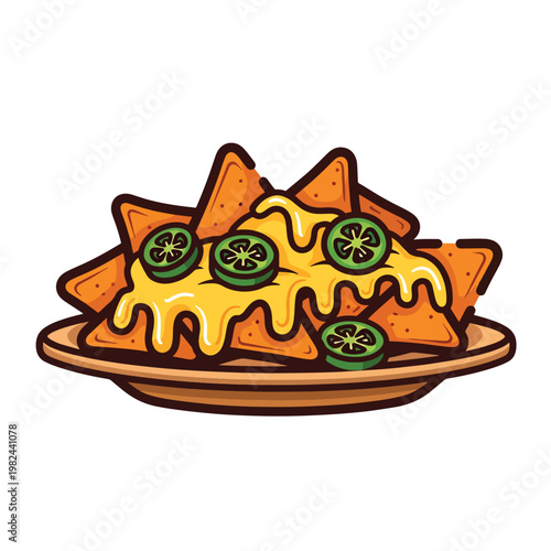 Cartoon illustration of a plate of delicious nachos with melted cheese and jalapeno slices.