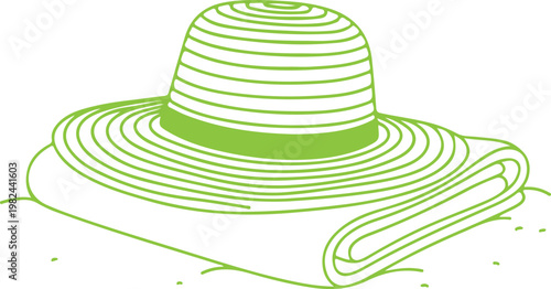 a straw hat with a green ribbon and a rolled up piece of fabric Vector, illustration