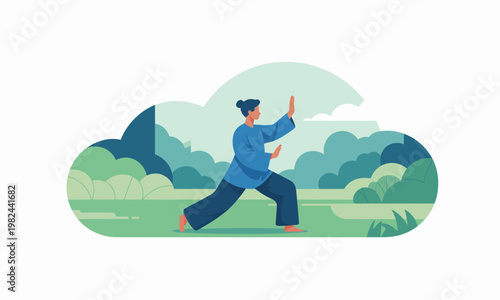 Woman practicing tai chi in nature flat vector illustration