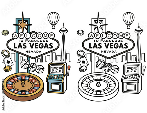 Welcome to fabulous las vegas sign with casino elements and city skyline.