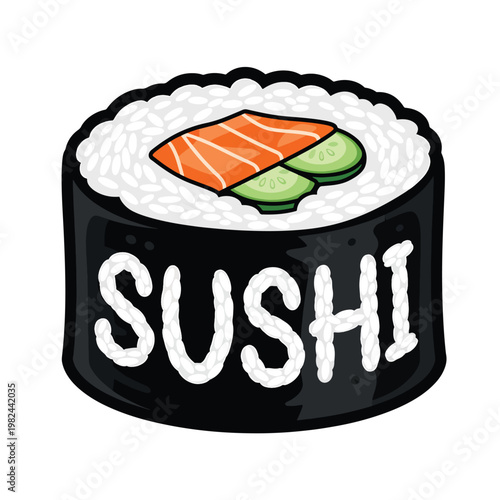 Cartoon Illustration of a Maki Sushi Roll with Salmon and Cucumber.