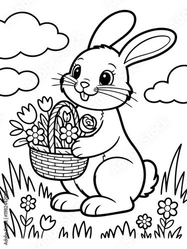Easter Bunny with Basket of Flowers: A charming illustration depicts a delightful Easter bunny, happily holding a woven basket overflowing with blossoming flowers.
