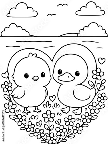 Cuddles of Affection: A heartwarming illustration of a chick and a duckling in a floral heart, perfect for expressing love and affection.