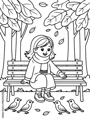 Autumn Reverie: A young girl, seated on a park bench beneath the gentle cascade of falling leaves, interacts with a collection of charming birds, perfectly capturing the spirit of autumn tranquility.