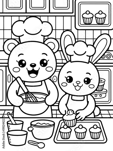 Cartoon Kitchen Confectioners: A cheerful bear and bunny duo collaborate in a delightful kitchen scene, baking and preparing cupcakes. The image is a charming illustration