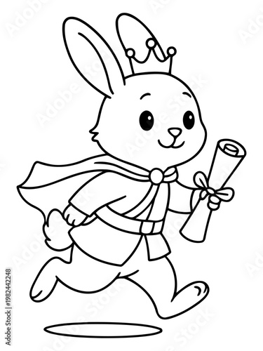 Royal Rabbit's Decree: A charming cartoon depiction of a regal rabbit, adorned with a crown and cape, confidently scurrying while clutching a scroll, embodying both royalty and agility.