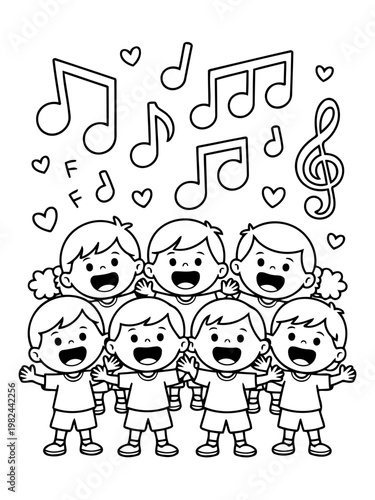 Harmonious Chorus: A cheerful illustration of a children's choir, singing with joyful expressions, accompanied by musical notes and symbols, alluding to the beauty and harmony of music.