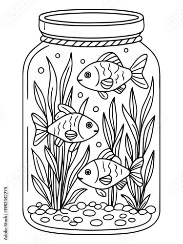 Goldfish in a Jar: Delicate line art reveals a charming trio of goldfish, swimming amidst aquatic plants and pebbles inside a glass jar.