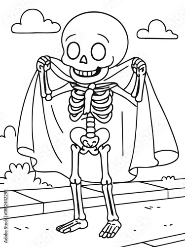 Spooky Silhouette: A playful skeleton character stands proudly, adorned with a flowing cape and an enigmatic grin, hinting at a world of spooky fun and imagination.