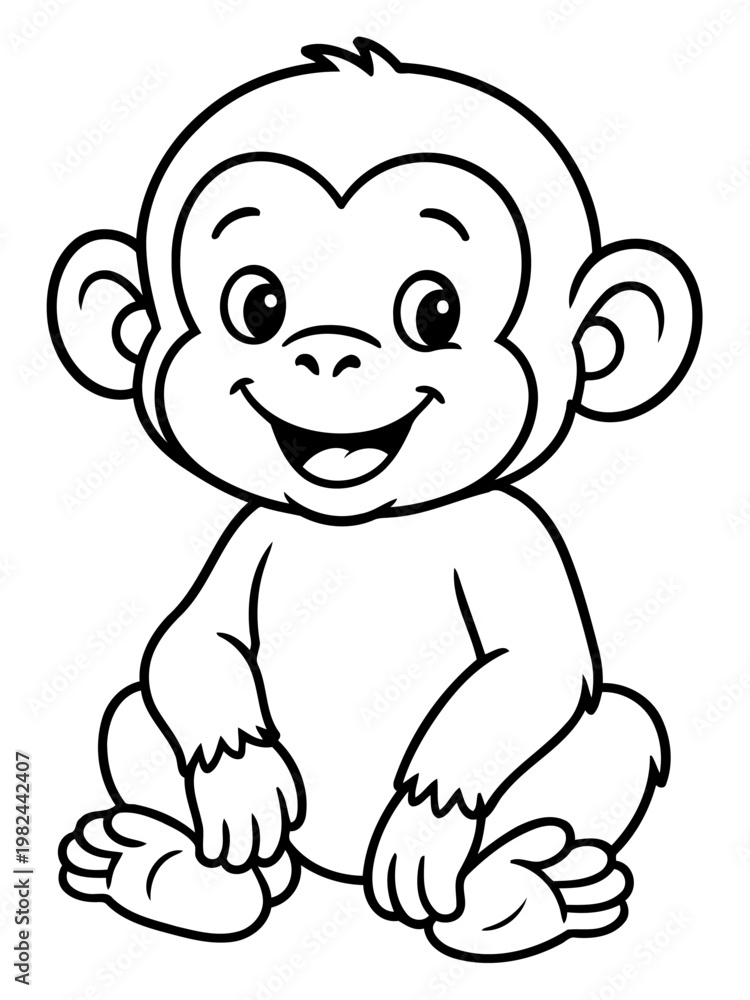 Obraz premium Smiling Baby Monkey Outline: A cheerful, simplified drawing of a baby monkey, radiating joy with a wide smile, designed in an outline style for coloring books and graphic resources.