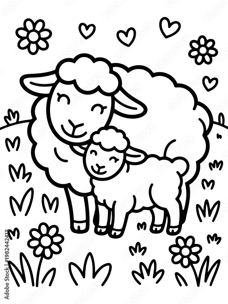 Obraz premium Mother and Baby Lamb in the Meadow: A heartwarming illustration of a mother lamb and her baby lamb. Their soft woolly coats are surrounded by grassy meadow with flowers and hearts.